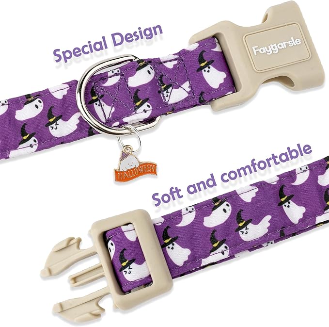 Faygarsle Halloween Dog Collar with Charm, Purple with Ghost Pattern, Adjustable Pet Collar for Small Medium Large Dogs L