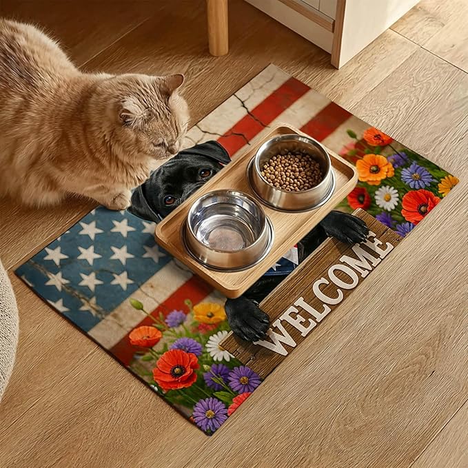 4th of July Flag Dog Pet Food Mat Independence Day Spill-Proof Pet Feeding Mat Welcome Dog Bowl Mats Pets Placemat Cat Food Mats for Home Decor 24" x 16"