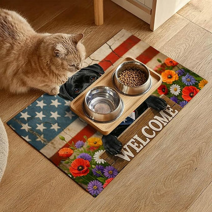 4th of July Flag Dog Pet Food Mat Independence Day Spill-Proof Pet Feeding Mat Welcome Dog Bowl Mats Pets Placemat Cat Food Mats for Home Decor 24" x 16"