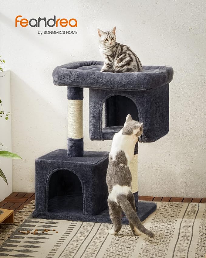 Feandrea Cat Tree, 33.1-Inch Cat Tower, Plush Condo for Large Cats up to 16 lb, Large Perch, 2 Caves, Scratching Post, Smoky Gray UPCT61G