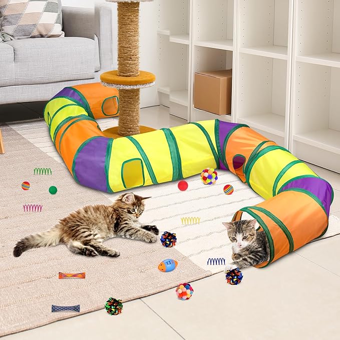 Retro Shaw 25Pcs Cat Toys, Extra Large Tunnels with Cats Toys, Ideal Indoor Interactive Kitten Toys, Kitty Tube Tent Feather Wand Teaser Balls Bell Crinkle Fuzzy Springs Mouse