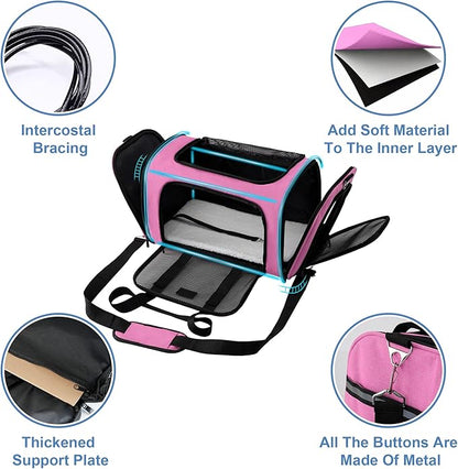 Soundy Large Cat Carrier Dog Carrier Under 25 Lbs,Collapsible Ventilated Portable Pet Bag with Soft Sided Breathable Mesh for Long Car Trips Maxi Load 2 Kittens or Small, Medium Dog (Large Pink)