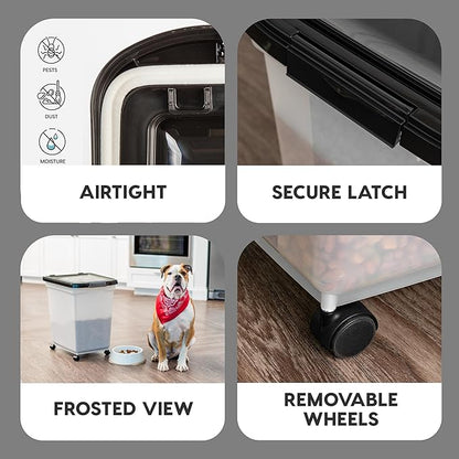 IRIS USA Dog Food Storage Container 50 lbs, with Removable Rolling Wheels, for Dog Cat Bird and Other Pets, Food Storage Bin, Keep Fresh, Made in USA, Pearl/Black