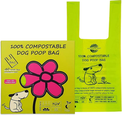 Dog Poop Bag, Compostable Cat Litter Bags with Easy-Tie Handles, Eco-Friendly Pet Waste Bags, Unscented, Vegetable-Based, Extra Thick, Leak Proof, Fits for Dogs and Cat Scoops, 60 Counts