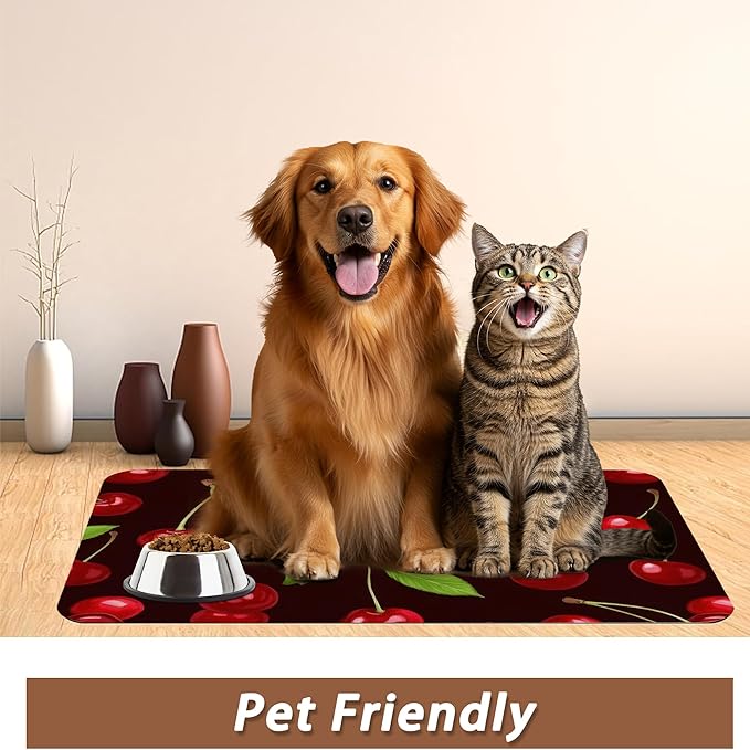 Red Cherry Pet Feeding Mat,Absorbent Quick-Dry Cat Dog Food and Water Bowl Mats,Non-Slip Rubber Backing Mat,Cat Dog Accessories Supplies 12"x20"