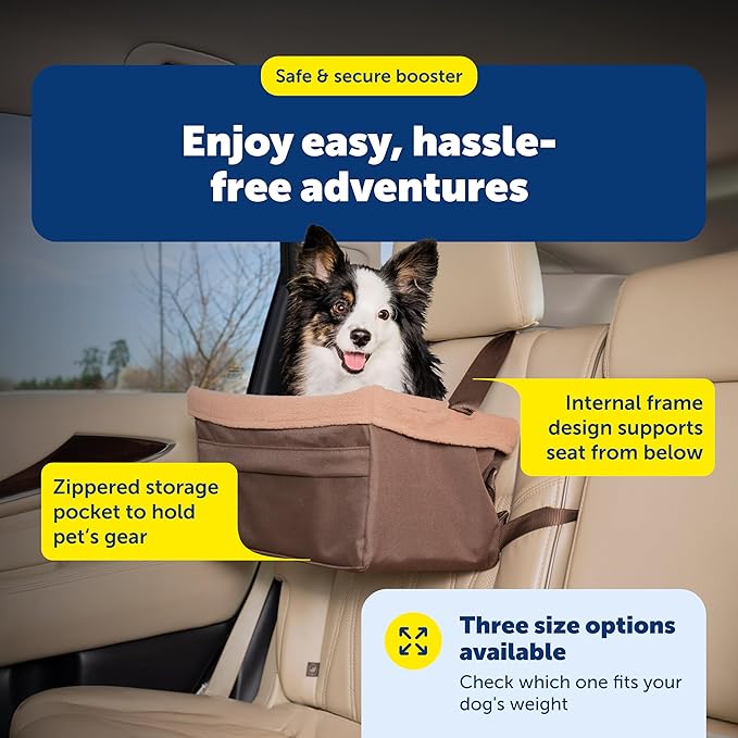PetSafe Happy Ride Booster Seat for Dogs - Open Road Comfort - Safe Tether System - Zipper Pouch Dog Seat - Machine Washable Fleece Liner - Easy Install Design - Brown - Up to 18 lb