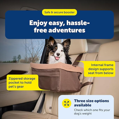 PetSafe Happy Ride Booster Seat for Dogs - Open Road Comfort - Safe Tether System - Zipper Pouch Dog Seat - Machine Washable Fleece Liner - Easy Install Design - Brown - Up to 18 lb