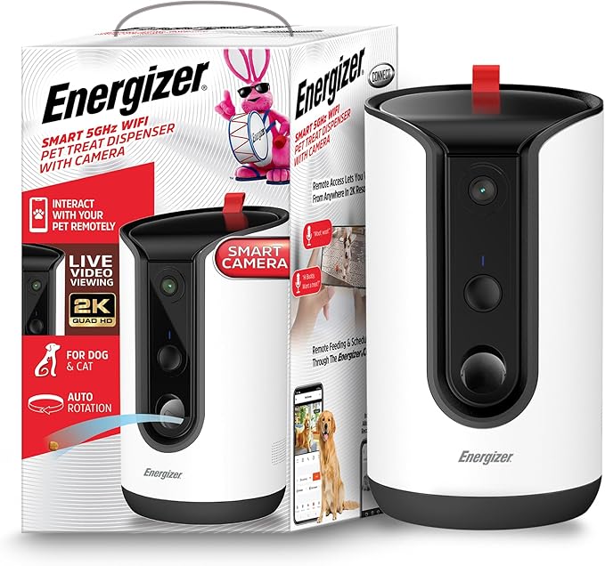 Energizer Smart Pet Treater with 2K Video Camera, 2-Way Audio, Night Vision, 5 Ghz & 2.4 Ghz Dual Band Wi-Fi, Motion Tracking, Recorded Messages, Dogs & Cats Remote Feeding, Cloud/MicroSD Card Storage
