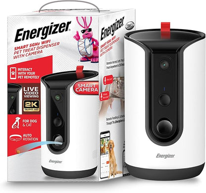 Energizer Smart Pet Treater with 2K Video Camera, 2-Way Audio, Night Vision, 5 Ghz & 2.4 Ghz Dual Band Wi-Fi, Motion Tracking, Recorded Messages, Dogs & Cats Remote Feeding, Cloud/MicroSD Card Storage
