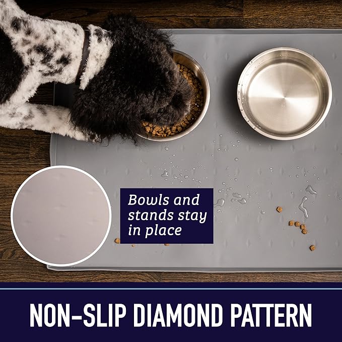 Leash Boss Waterproof Spill Guard Dog & Cat Silicone Dog Food Mat - Non-Slip Raised Edge Dog Bowl Mat - Waterproof Spill Guard Cat Food Tray - 25 x 17 in, Black
