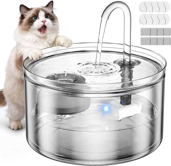 Cat Water Fountain, 74oz/2.2L Glass Automatic Water Fountain with Ultra-Quiet Auto Shut-Off Pump, Easy to Clean Pet Water Dispenser for Cats, Kittens Indoor (with 8 Filters)