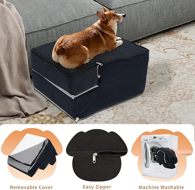 Dog Stairs for Small Dogs, 3 Step Dog Stair for High Bed and Couch, Non-Slip High Density Foam Sturdy Pet Steps with Removable Washable Cover for Older Cat