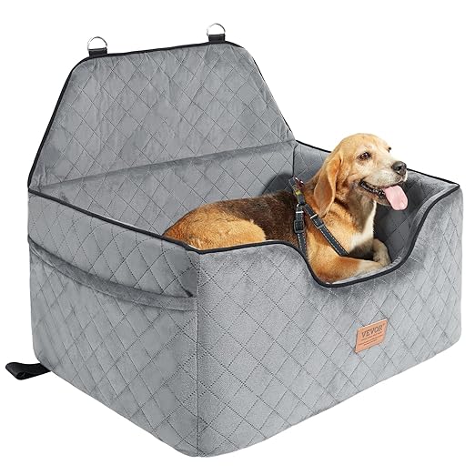 VEVOR Dog Car Seat, Dog Booster Seat for Car with A Storage Pocket, Pet Seat with Clip-On Safety Leash, Sponge Filling, Bed for Medium & Large Dogs up to 55 lbs, Gray