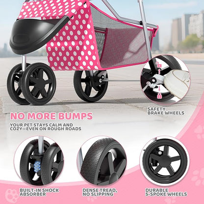 Magshion 3-Wheel Pet Stroller, Foldable Travel Jogger for Small & Medium Dogs & Cats (Up to 33lbs), Lightweight Carrier with Breathable Mesh Cover, Cup Holder & Storage Basket, Hot Pink Polka Dots