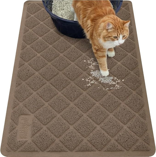 GORILLA GRIP Cat Litter Box Mat, 35x23, Cushioned Coil Mesh Litter Trapping Mats, Scatter Control Supplies for Less Mess, Phthalate Free, Ultra Deep Catch Grooves, Rinse or Vacuum to Clean, Brown
