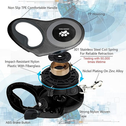 16 ft Retractable Dog Leash for Extra Large Dogs up to 130 lbs,Tangle-Free Nylon Tape,Black Dan24 XL