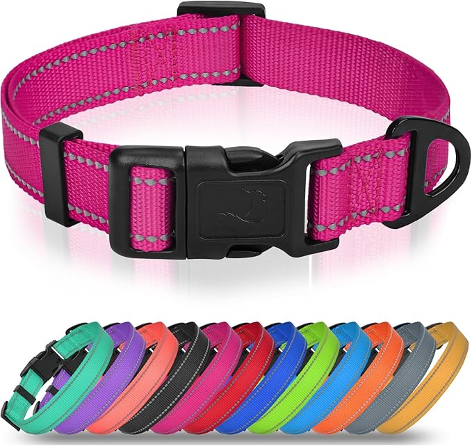 Joytale Dog Collars for Medium Dogs, Comfortable Double-Sided Reflective Nylon Collar for Night Safety, Adjustable Quick-Release for Active Pets, Hotpink, M (1" Width)