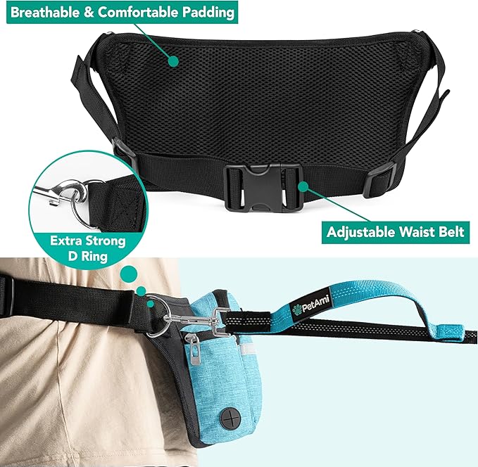 PetAmi Premium Hands Free Dog Leash for 2 Dogs, Adjustable Waist Belt for Dog Walking, Fanny Pack Accessories Bag Dual Bungee for Running, Hiking, Jogging, Biking, Turquoise Blue
