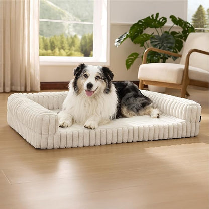 Bedsure ComfyFleece™ Orthopedic Dog Beds for Extra Large Dogs, Waterproof Memory Foam XL Pet Bed with Sides, Non-Slip and Egg-Crate Foam Big Dog Couch Sofa with Washable Corduroy Cover, Cream