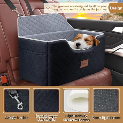 Persure Dog Car Seat for Large Medium Size Puppy Dog,Soft Fabric Dogs Bed Filling Memory Foam,2 Clip-On Safety Leashs and 2 Pockets,Removable and Washable Comfy Pet Travel Car Seat(Black, Large)
