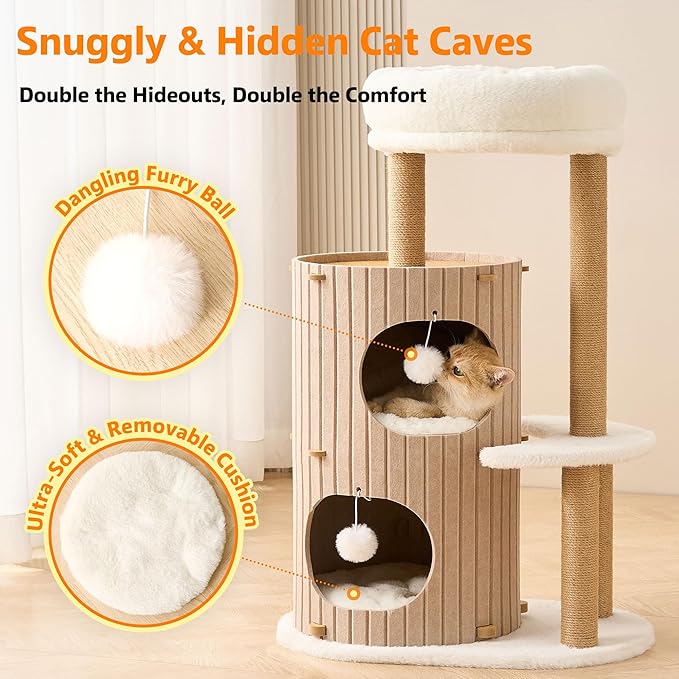 Modern Cat Tree for Indoor Cats Large Adult, 36in H Cat Tree Tower with Scratching Posts, Cozy Cat Bed Cave, Washable Cushions, Dangling Balls, Play&Nap Cat House Condo for All Breeds, Brown