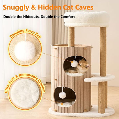 Modern Cat Tree for Indoor Cats Large Adult, 36in H Cat Tree Tower with Scratching Posts, Cozy Cat Bed Cave, Washable Cushions, Dangling Balls, Play&Nap Cat House Condo for All Breeds, Brown