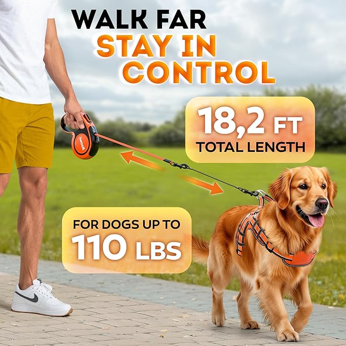 Retractable Dog Leash 18.2 ft – Chew Proof Cable Included – 360° Tangle-Free Design – Heavy Duty Reflective Leash – Soft Anti-Slip Grip Outdoor for Small Medium & Large Dogs up to 110 lbs (Orange)