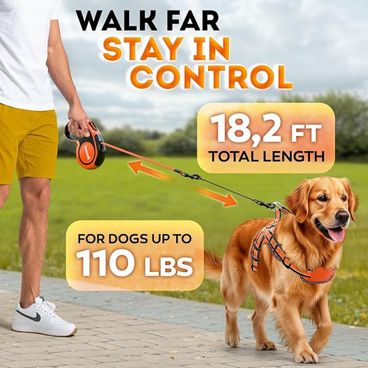 Retractable Dog Leash 18.2 ft – Chew Proof Cable Included – 360° Tangle-Free Design – Heavy Duty Reflective Leash – Soft Anti-Slip Grip Outdoor for Small Medium & Large Dogs up to 110 lbs (Orange)
