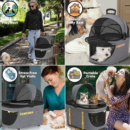 PAWZIDEA Double Pet Stroller with 2 Detachable Carrier, Lightweight Portable Travel Crate & Car Seat Combo & TSA-Approved Expandable Carrier, Foldable Jogger Stroller for 2–4 Cats or Small/Medium Dogs
