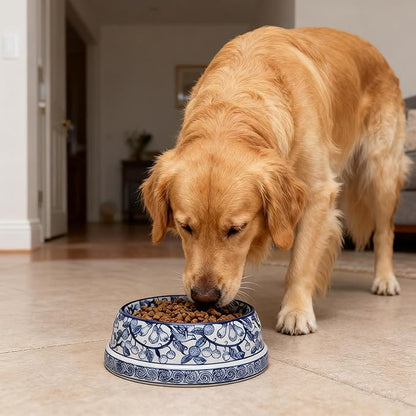 Aimusego Blue and White Ceramic Dog Bowl, Gifts for Pet Owners, Dog Gift, Anti-Skid Base Medium Large Water and Food Pet Cat Dish-9inch