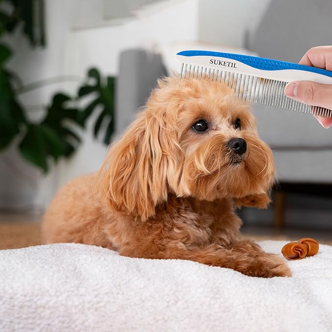 Dematting Comb for Dogs & Cats, Removes Tangles & Matted Fur, Stainless Steel Teeth, Non-Slip Handle, Pet Grooming Tool (Style 1- Blue)