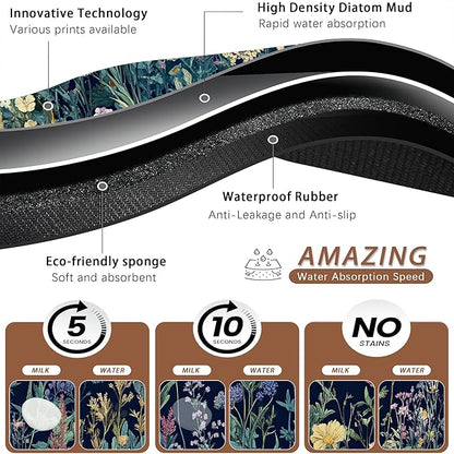 Wildflower Spring Floral Dog Cat Food Mat,Garden Flowers Absorbent Pet Feeding Mat for Food and Water,Non-Slip Dog Bowl Mats Floor Protector 16"x24"