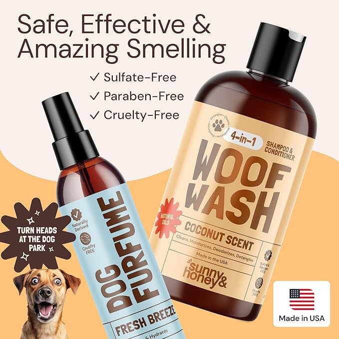 Sunny & Honey 4-in-1 Dog Shampoo & Conditioner - 16 fl oz, 8 fl oz Mist - Moisturizing Detangling Wash - Pet Shampoo - Long-Lasting Perfume Mist