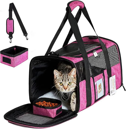 20 Inch Large Cat Carrier for Cats Up to 25 lbs, Extra Large Soft Sided Dog Travel Carrier - Collapsible, Airline Approved Size for 2 Cats with Removable Washable Mat & Food Bowl (Red)