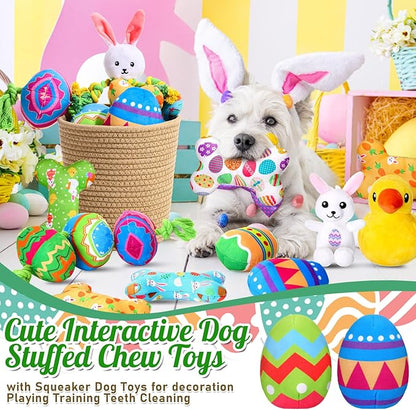 10 Pcs Easter Dog Toys with Squeaker, Includes 4 Plush Bone 2 Rope Toys for Dogs 2 Easter Egg 1 Plush Bunny & Chick for Puppy/Small/Medium/Large Breeds Holiday Pet Gift
