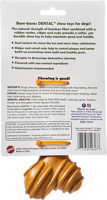 SPOT Bam-Bones Dental Bone - Made with Bamboo Fiber and a Massaging Rubber Center, Durable Oral Care Dog Chew for Light Chewers & Teething Puppies Under 40lbs, 7in, Allergen Free Peanut Butter Flavor