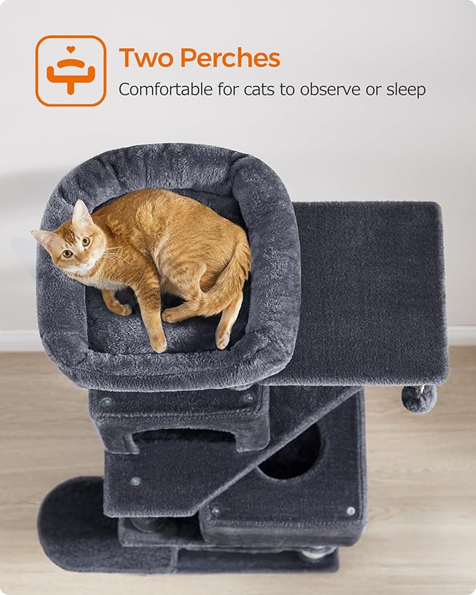 Feandrea Cat Tree, 59.5-Inch Tall Cat Tower, Plush Multi-Level Condo with 5 Scratching Posts, 2 Perches, 2 Caves, Hammock, 2 Pompoms, Smoky Gray UPCT192G01