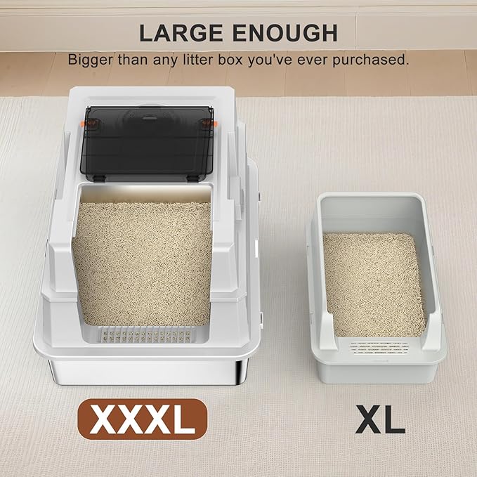 Extra Large Enclosed Stainless Steel Cat Litter Box with Lid - XXXL Giant Metal Enclosed High Sides Litter Boxes for Multi-Cat Households and Overweight Cats - Black