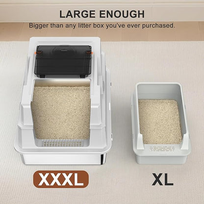 Extra Large Enclosed Stainless Steel Cat Litter Box with Lid - XXXL Giant Metal Enclosed High Sides Litter Boxes for Multi-Cat Households and Overweight Cats - Black