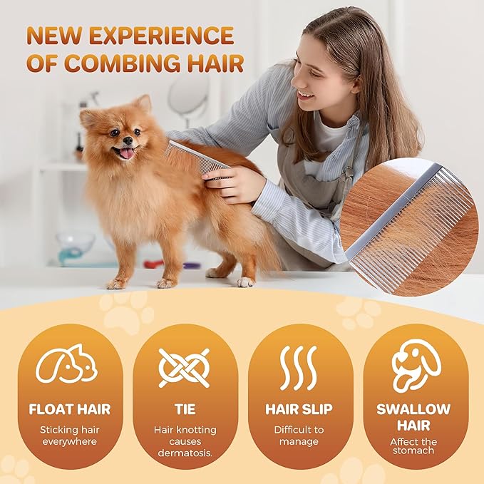 Pet Grooming Comb with Rounded Ends Stainless Steel Teeth for Dogs & Cats,Wide & Dense Teeth for Removing Tangles, Knots,Undercoat,Flea,Face,Chin,Tear Stain,Excess Hair,Metal Dematting Tool Pet Gift