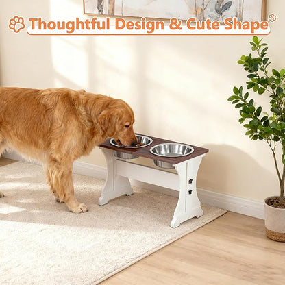 Piskyet Elevated Dog Bowls,Farmhouse Dog Bowls Stand, Raised Dog Bowl with 2 Stainless Steel Wooden Dog Bowl 12 Cups 15.7''H 90 OZ Bowl-Farmhouse Style