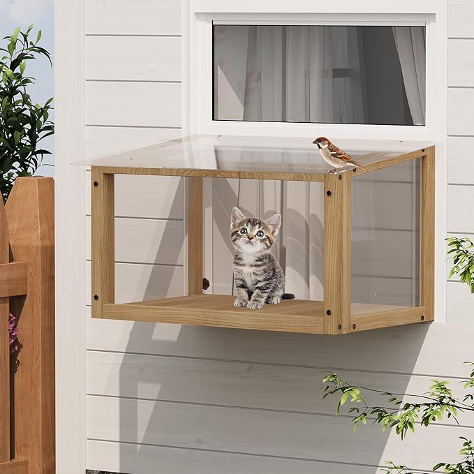 Waterproof Window Cat Perch Catio, Solid Wood Cat Window Box with Clear Acrylic Panels, Outdoor Cat Enclosure for Indoor Cats, Window Catio for Single-Hung Windows 24–35 in