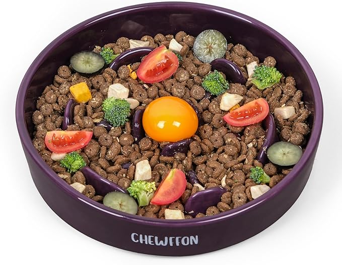 CHEWFFON Ceramic Slow Feeder Dog Bowls, 2 Cups Puzzle Dog Food Bowl for Fast Eaters, Nonslip Stop Bloat Slow Feeder for Small and Medium Breed, Dishwasher Safe, Dark Purple