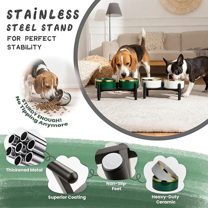 Ceramic Elevated Dog Bowl Set - Dog Feeder Station with Double Bowls for Small and Medium Size Breed - Non-Slip Raised Dish for Food and Water Feeding- 6 Inch - 3.5 Cups / 22 fl oz - Green