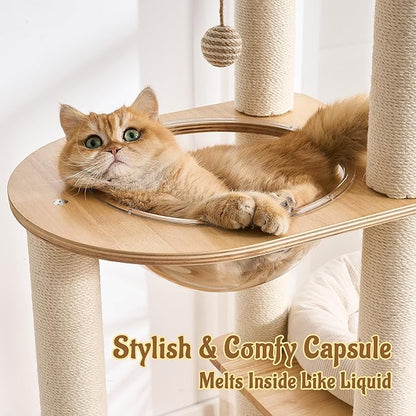 Modern Solid Wood Cat Tree for Indoor Cats Up to 15lbs, 60" Tall & Wide Cat Tower with Scratching Posts, Scratcher & Self-Grooming, Large Cat Beds, Capsule Nest, Multi-Level Cat Furniture