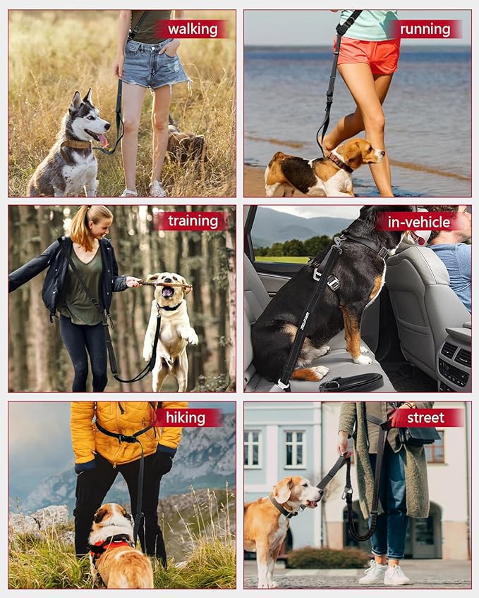 Hands Free Dog Leash, Multifunctional Crossbody Dog Leash, 5.9-9.5Ft Long Waist Belt with Car Safety Buckle and Double-Sided Reflective Stitches for Medium and Large Dogs.(Black)