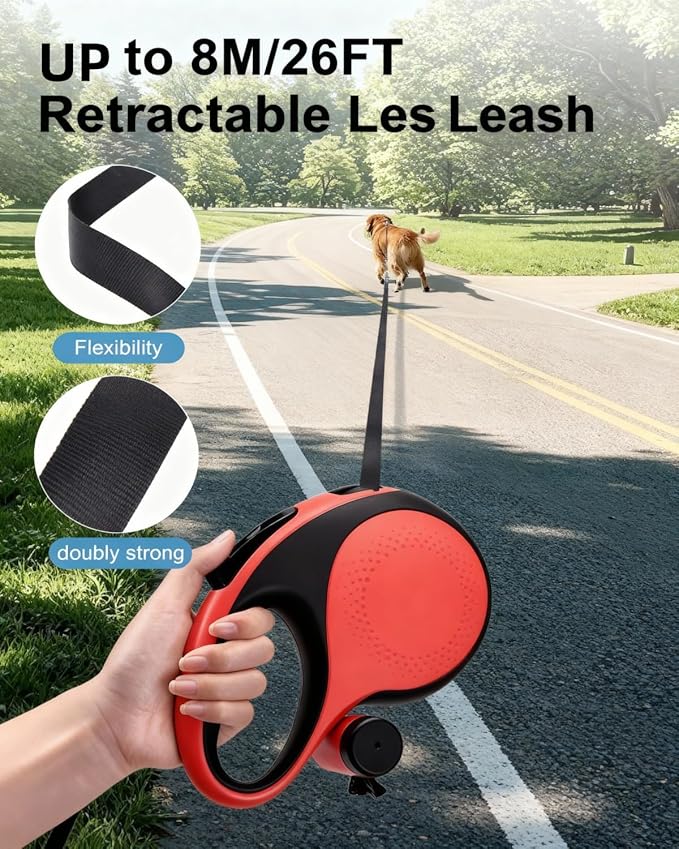26 ft Retractable Dog Leash Red - Heavy Duty Retractable Pet Leash Chew Proof Cable with Anti-Slip Grip for Medium to Large Dogs up to 110 lbs 360° Tangle-Free, (Red)
