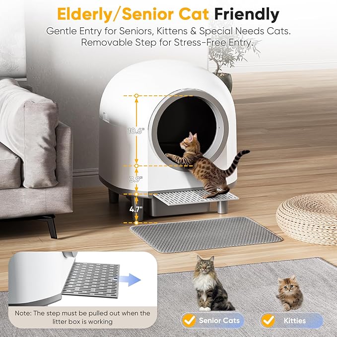 Self Cleaing Litter Box for Multiple Cats, 88L Large Smart Automatic Cat Litter Box with App Control, Health Monitoring, Integrated Safety Sensors, Odor Removal, Mat, Liners (White)