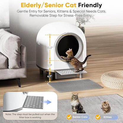 Automatic Self Cleaning Litter Box for Multiple Cats 90L Large Capacity, Smart Automatic Cat Litter Box with App Control, Health Monitoring, Integrated Safety Sensors, Odor Removal, Mat (White)