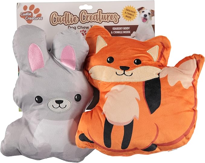Cudlie 2 Pack Plush Dog Chew Toys – Large 10" Squeaky Toys for Small & Medium Dogs – Soft, Durable & Engaging Plush Pet Toy Set– (Safari, Farm & Woodland Animal Themes)